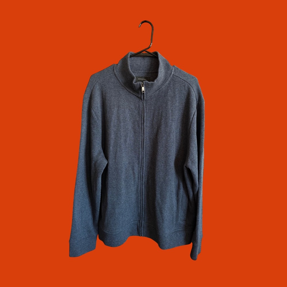 Banana Republic Mens XL Full Zip Mock Neck Sweater Heather Charcoal Blue‎ Ribbed